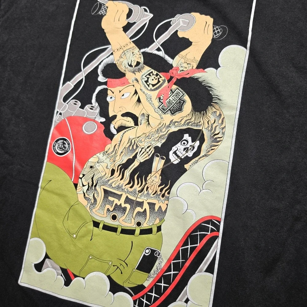 Manic Crew Bosozoku Japanese Biker Tattoo Graphic Shirt Mens XXL Faded Black Tee